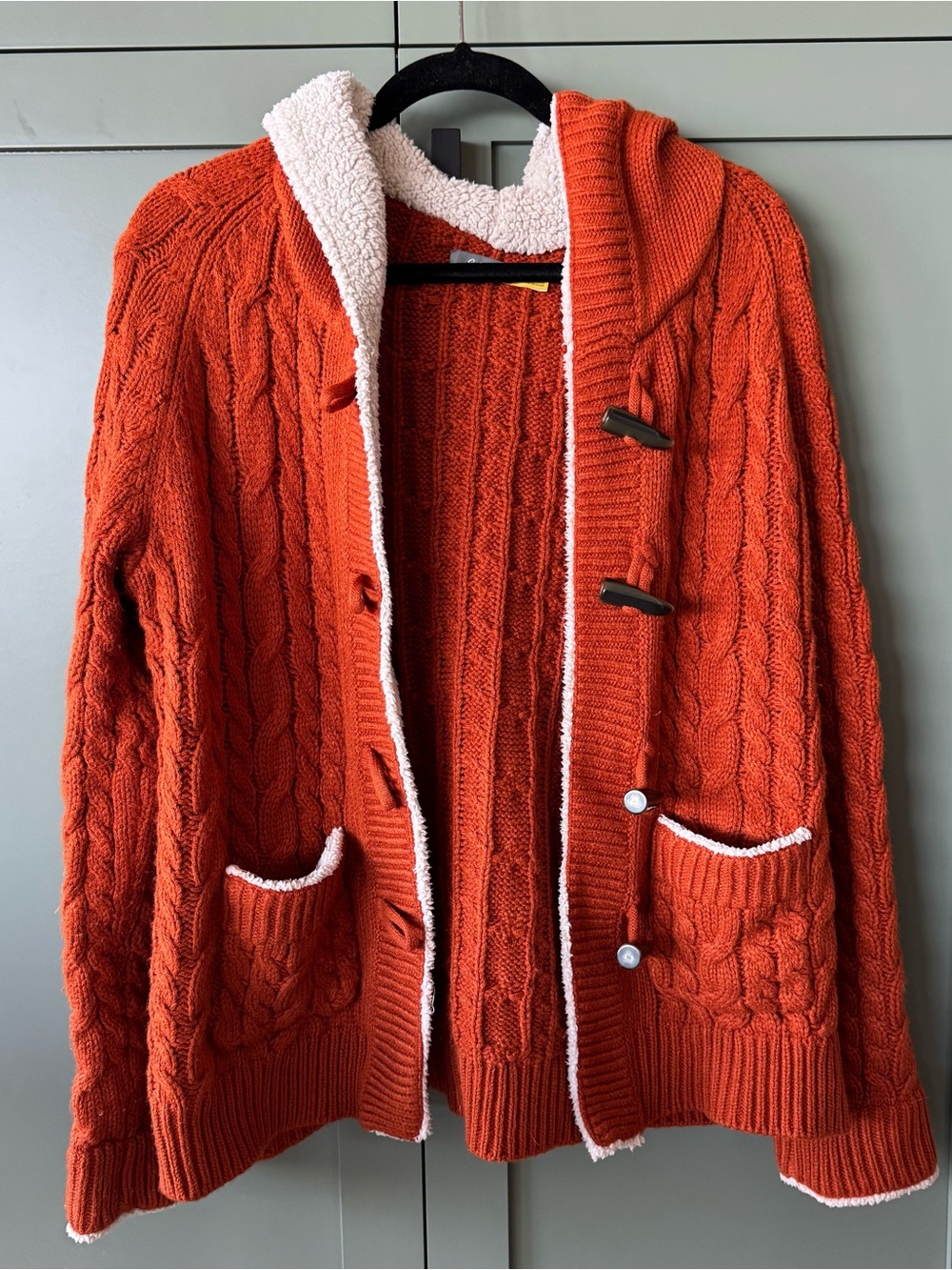 Rust Cable-Knit Sherpa-Lined Hooded Cardigan Sweater